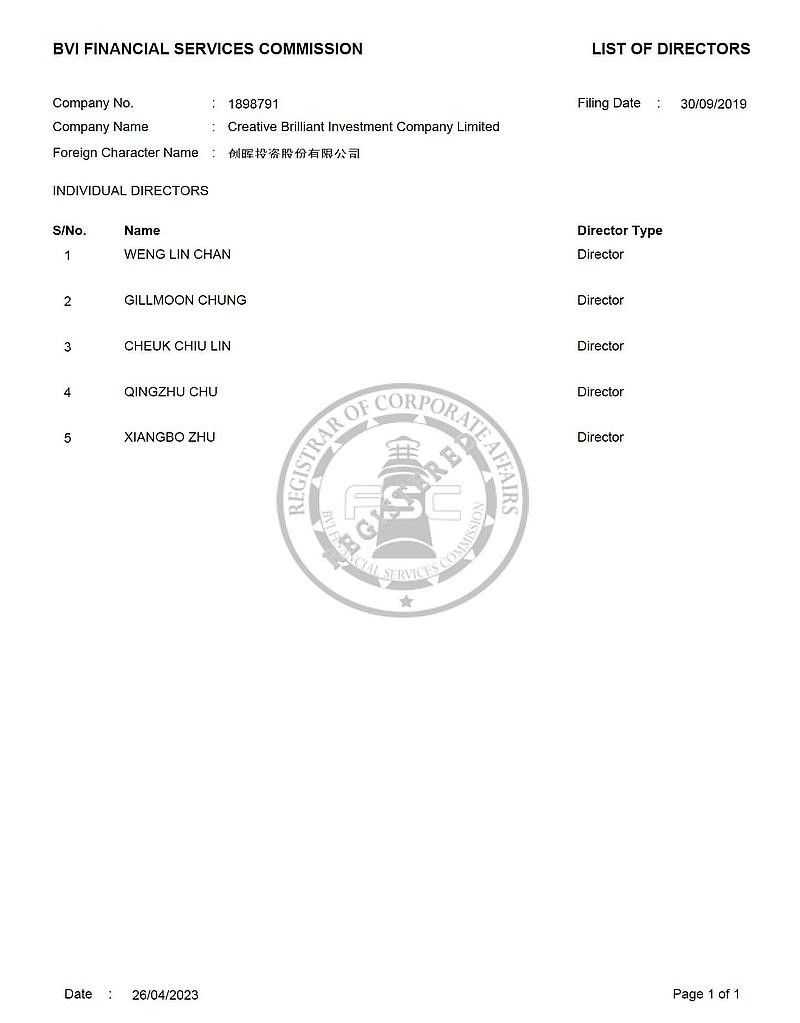 Sample Director List BVI