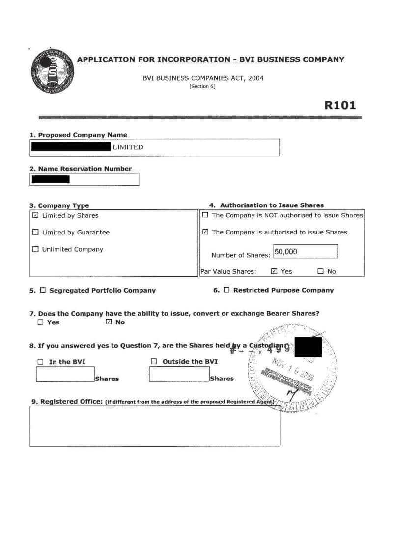 Sample BVI Application for Incorporation