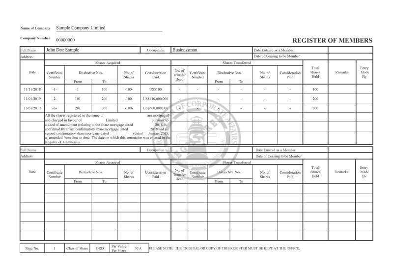 Sample Register of Members BVI
