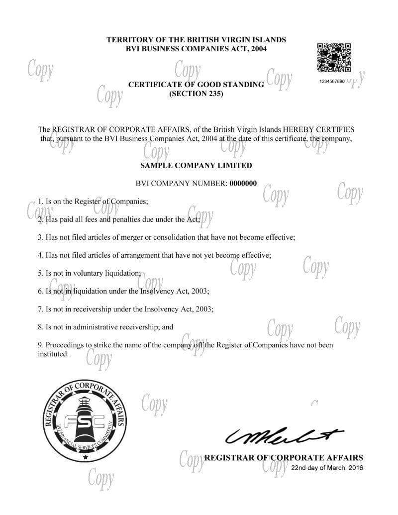 BVI Company Certificate of Good Standing sample
