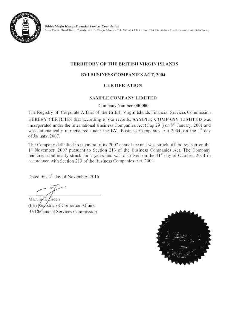BVI Company Struck Off Certificate sample