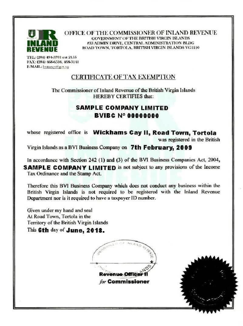 BVI Certificate of Tax Exemption sample
