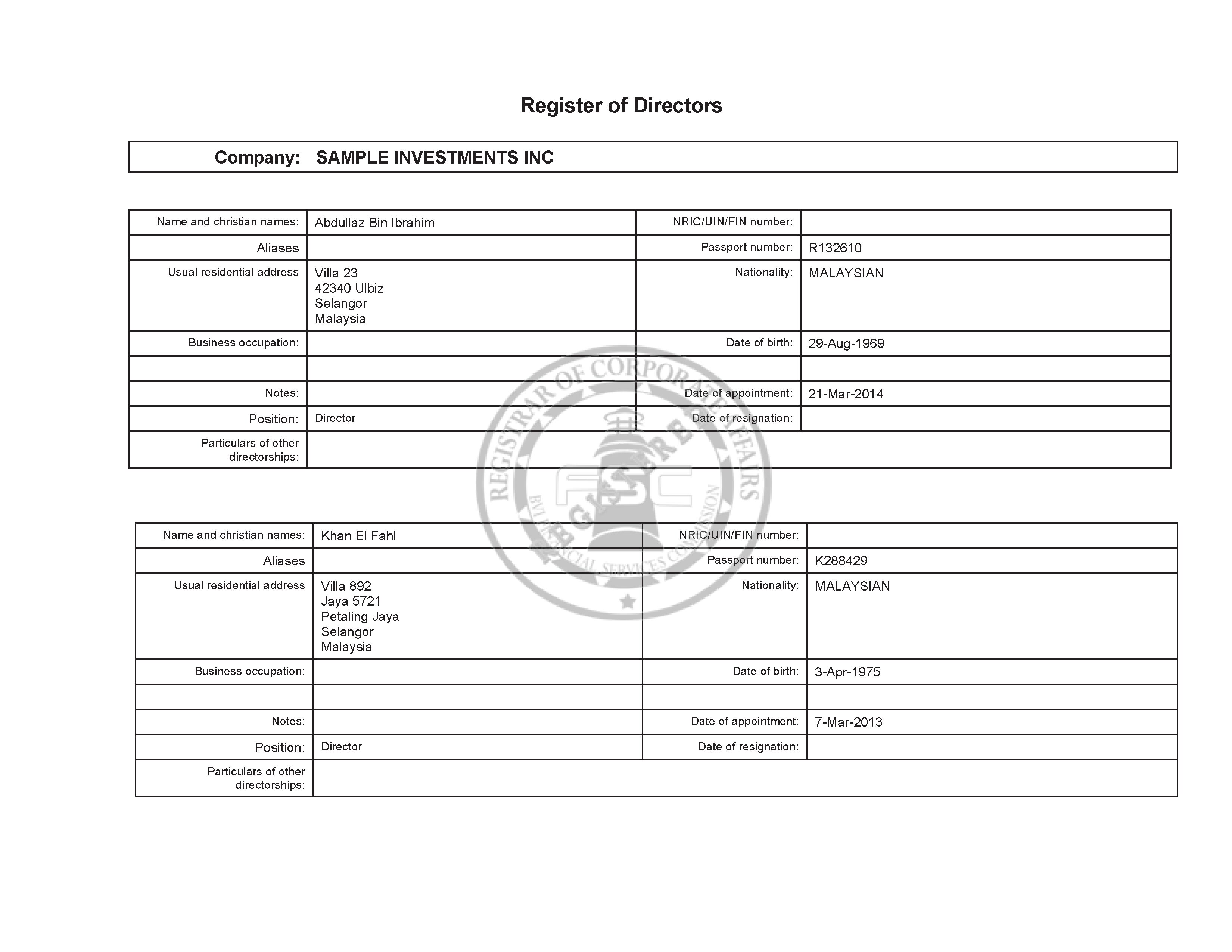 Sample of Full BVI Register of Directors