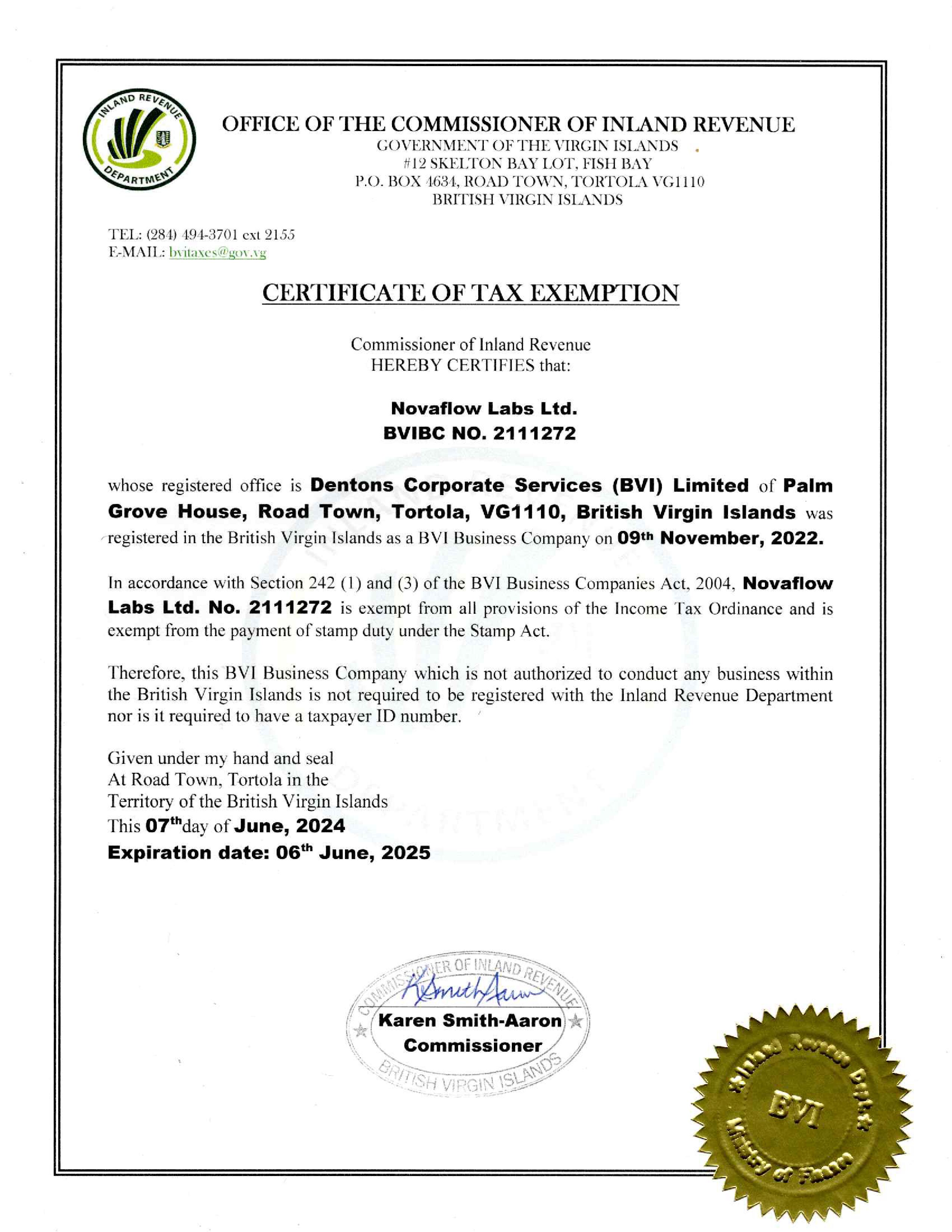 BVI Certificate of Tax Exemption sample